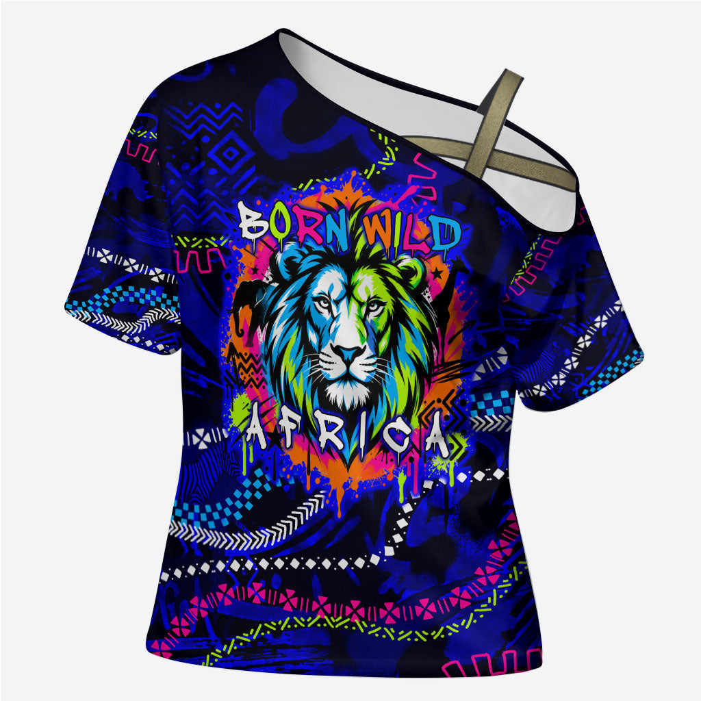 African Wildlife Born Wild Cross Shoulder Shirt Colorful Graffiti Street Art - Tribal Safari Lion Elephant