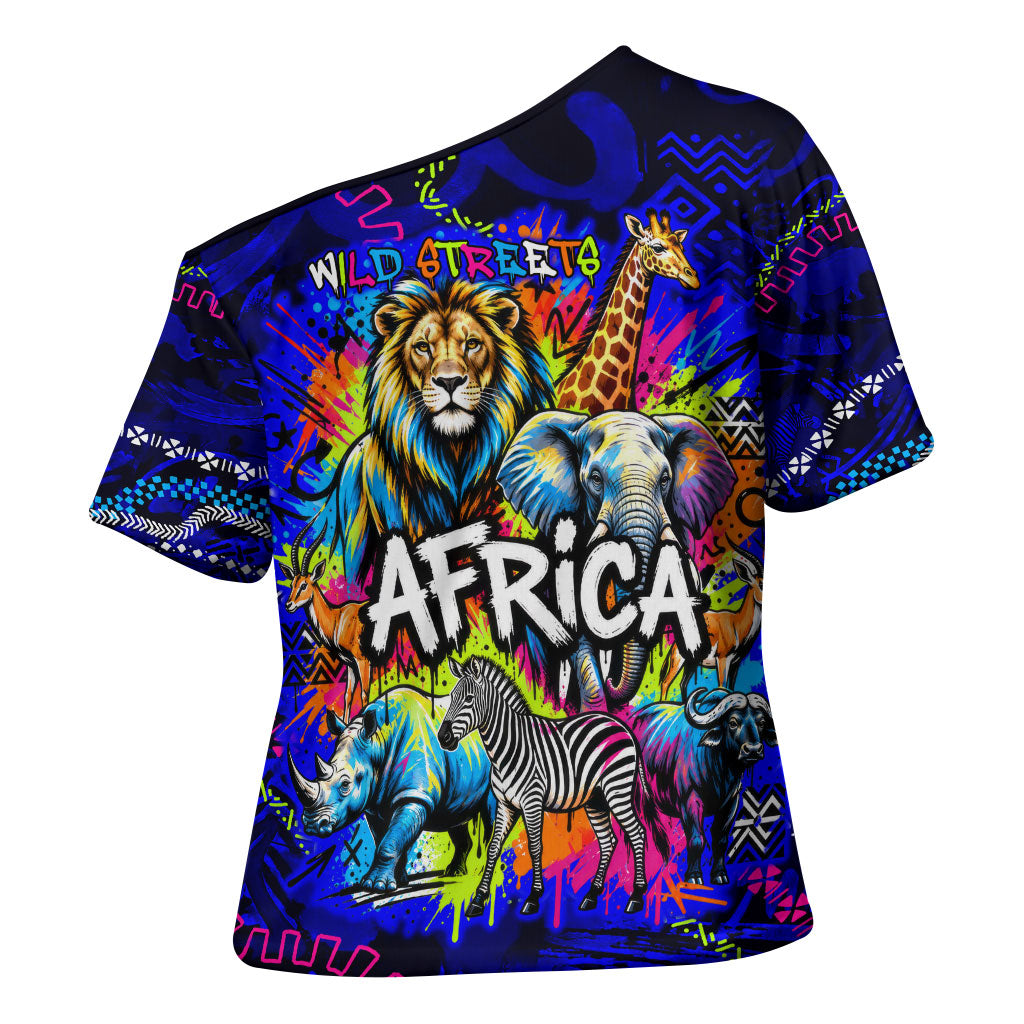 African Wildlife Born Wild Cross Shoulder Shirt Colorful Graffiti Street Art - Tribal Safari Lion Elephant
