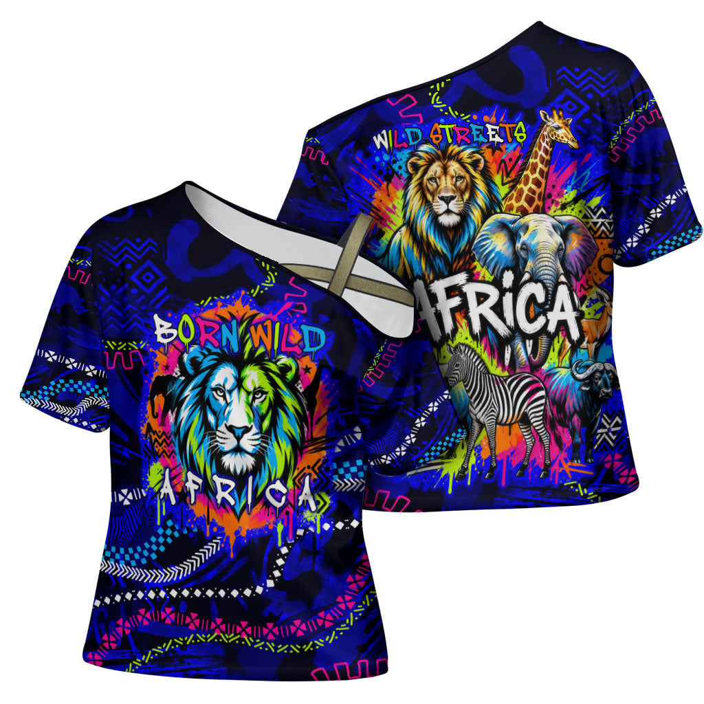 African Wildlife Born Wild Cross Shoulder Shirt Colorful Graffiti Street Art - Tribal Safari Lion Elephant
