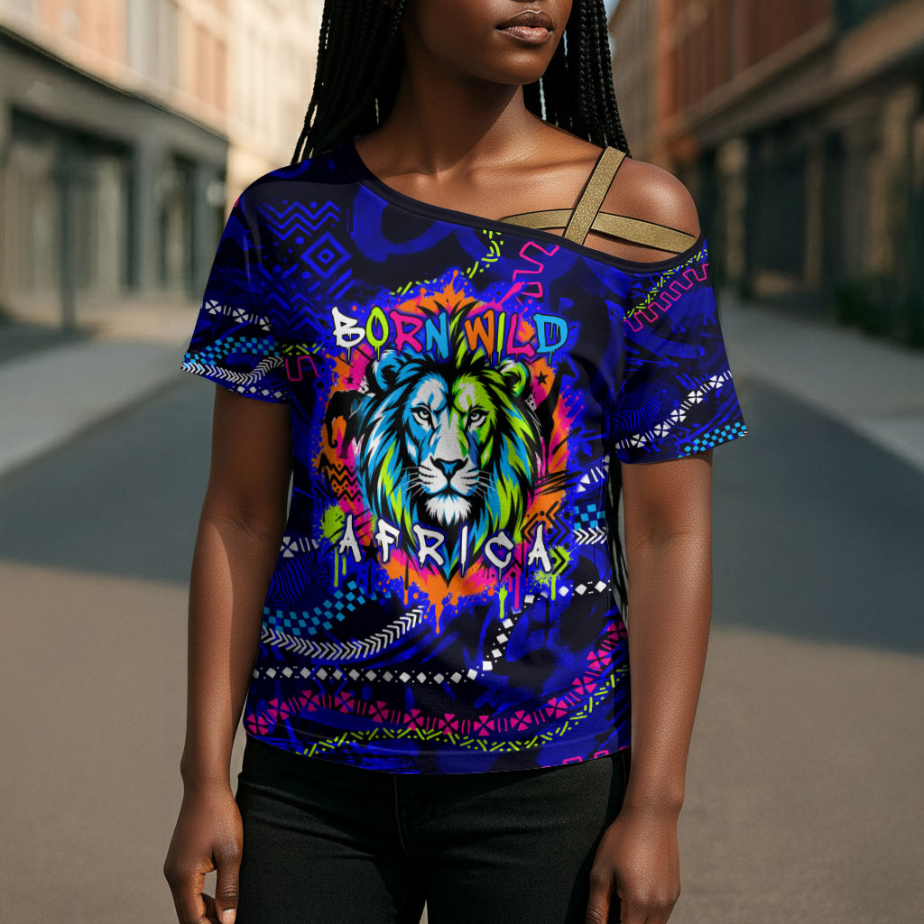 African Wildlife Born Wild Cross Shoulder Shirt Colorful Graffiti Street Art - Tribal Safari Lion Elephant