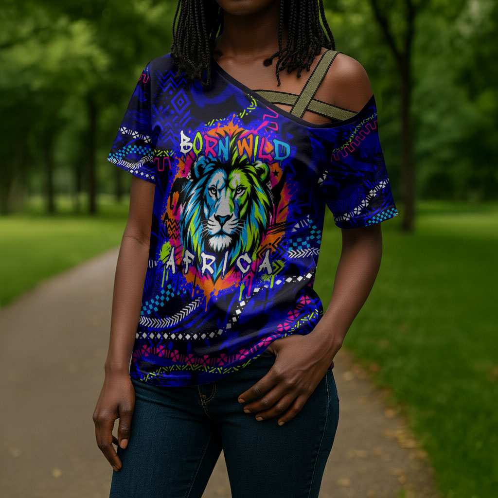 African Wildlife Born Wild Cross Shoulder Shirt Colorful Graffiti Street Art - Tribal Safari Lion Elephant