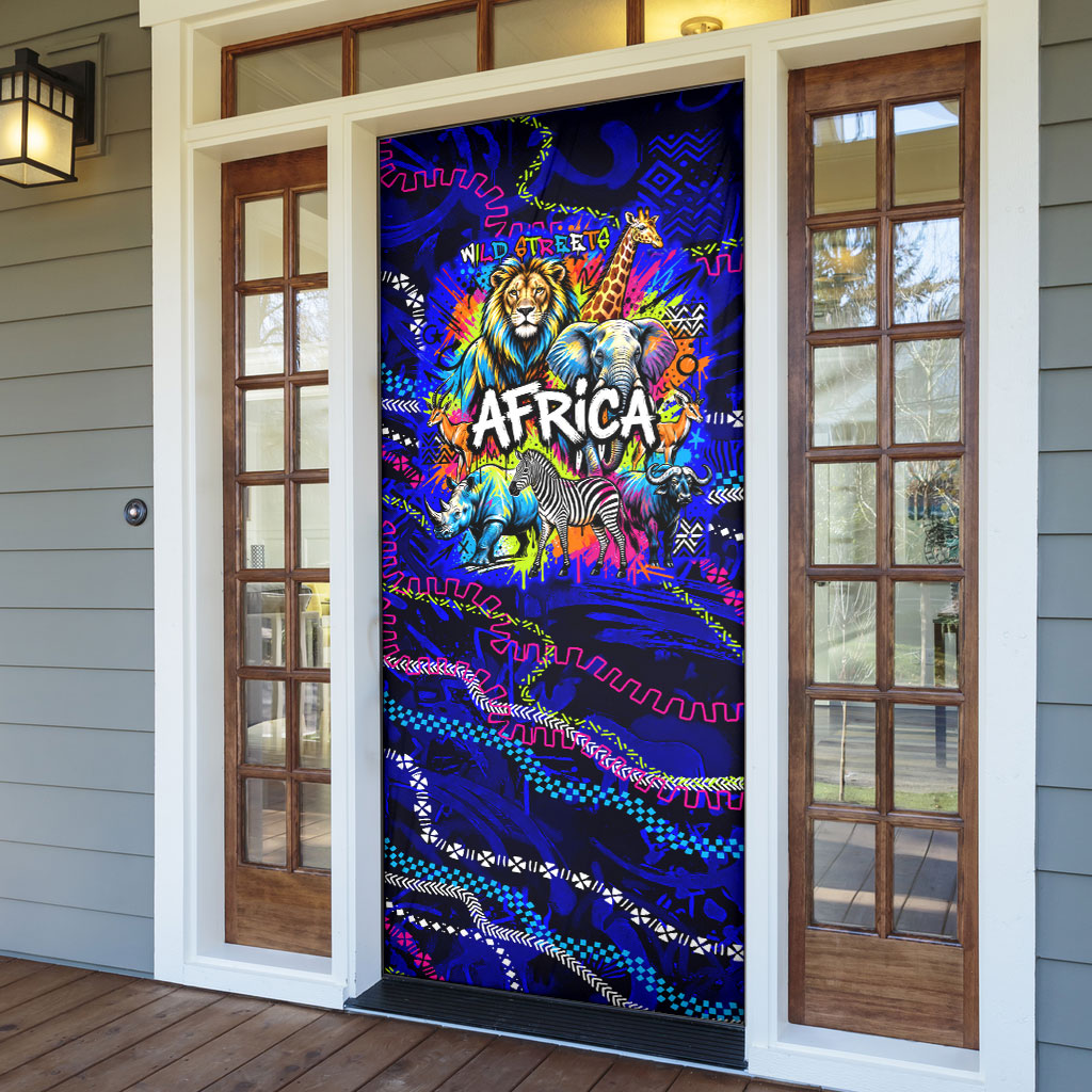 African Wildlife Born Wild Door Cover Colorful Graffiti Street Art - Tribal Safari Lion Elephant