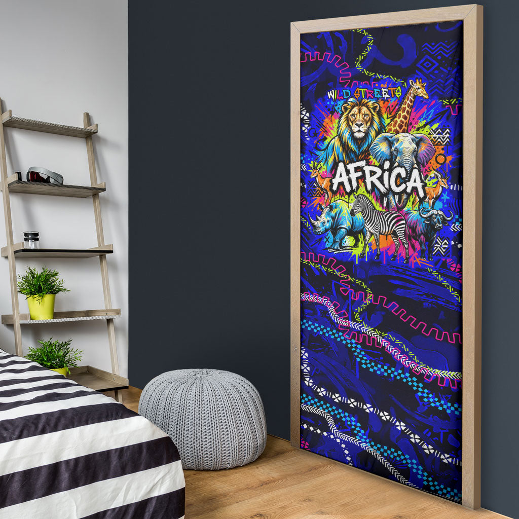 African Wildlife Born Wild Door Cover Colorful Graffiti Street Art - Tribal Safari Lion Elephant