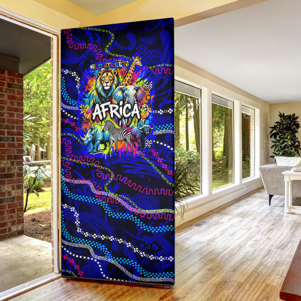 African Wildlife Born Wild Door Cover Colorful Graffiti Street Art - Tribal Safari Lion Elephant