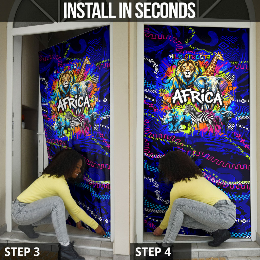 African Wildlife Born Wild Door Cover Colorful Graffiti Street Art - Tribal Safari Lion Elephant