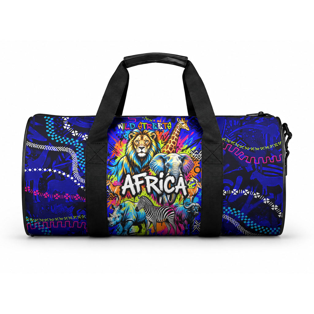 African Wildlife Born Wild Duffle Bag Colorful Graffiti Street Art - Tribal Safari Lion Elephant