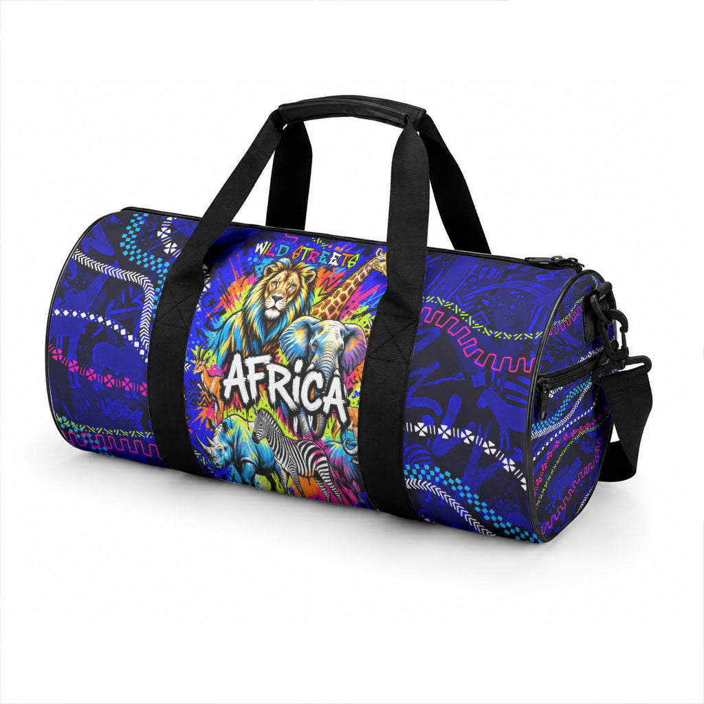 African Wildlife Born Wild Duffle Bag Colorful Graffiti Street Art - Tribal Safari Lion Elephant