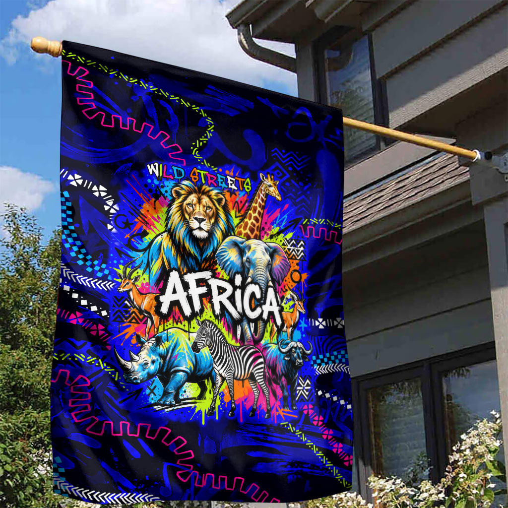 African Wildlife Born Wild Garden Flag Colorful Graffiti Street Art - Tribal Safari Lion Elephant