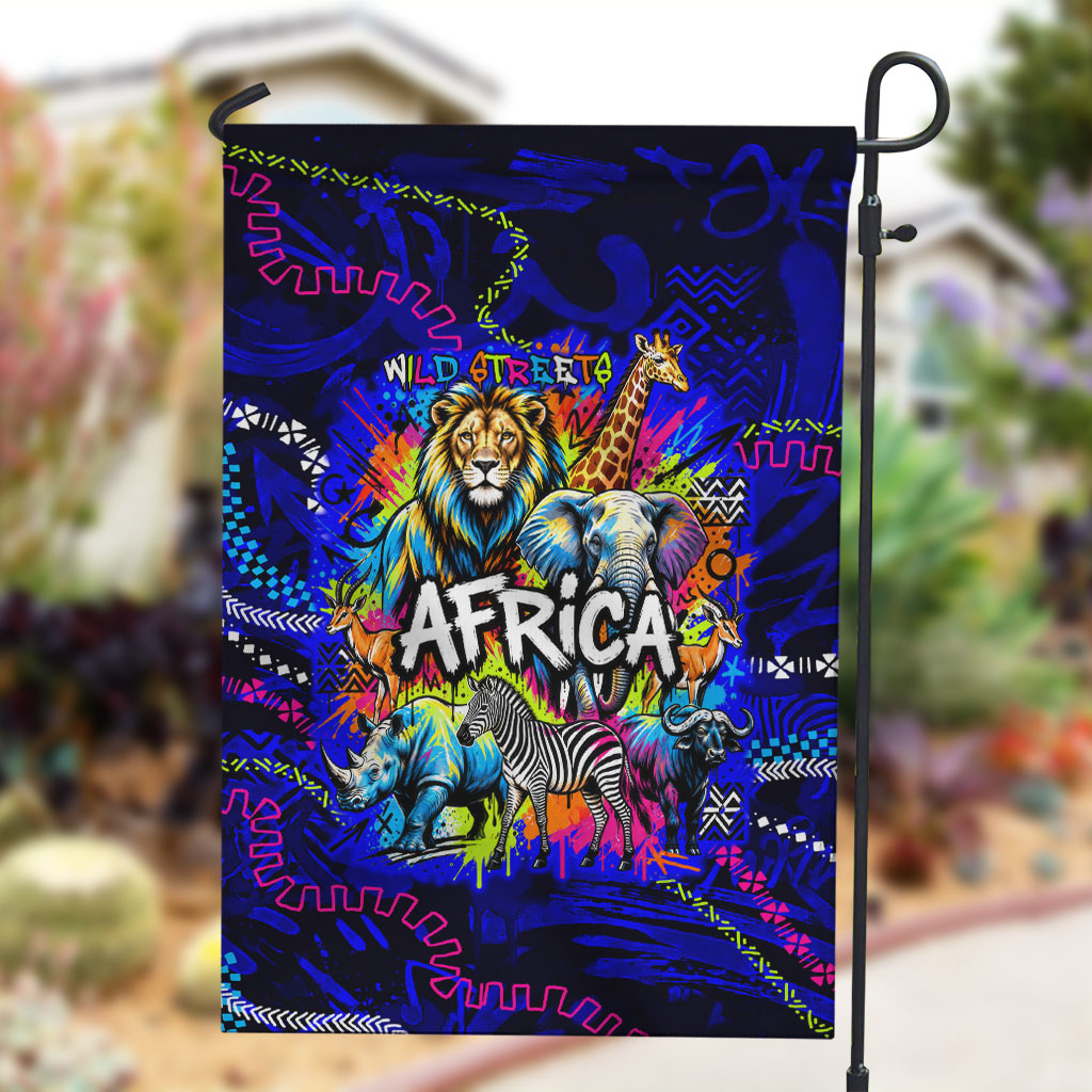 African Wildlife Born Wild Garden Flag Colorful Graffiti Street Art - Tribal Safari Lion Elephant