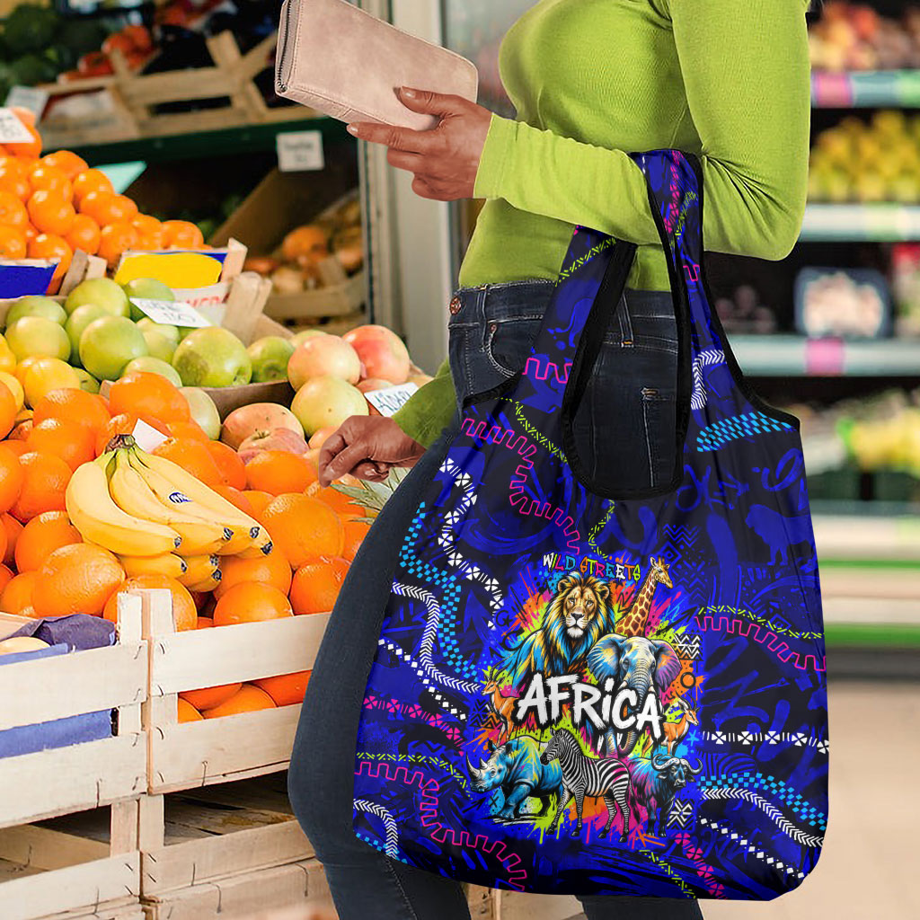 African Wildlife Born Wild Grocery Bag Colorful Graffiti Street Art - Tribal Safari Lion Elephant