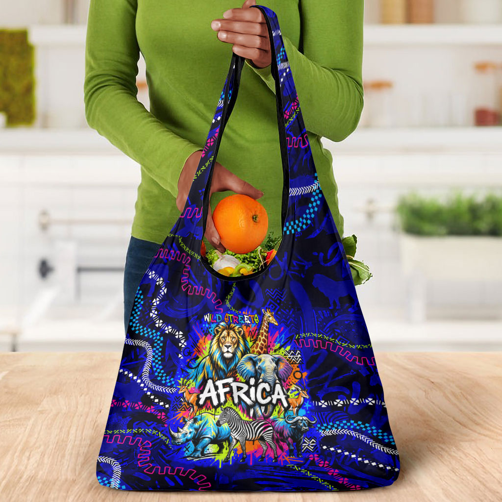 African Wildlife Born Wild Grocery Bag Colorful Graffiti Street Art - Tribal Safari Lion Elephant