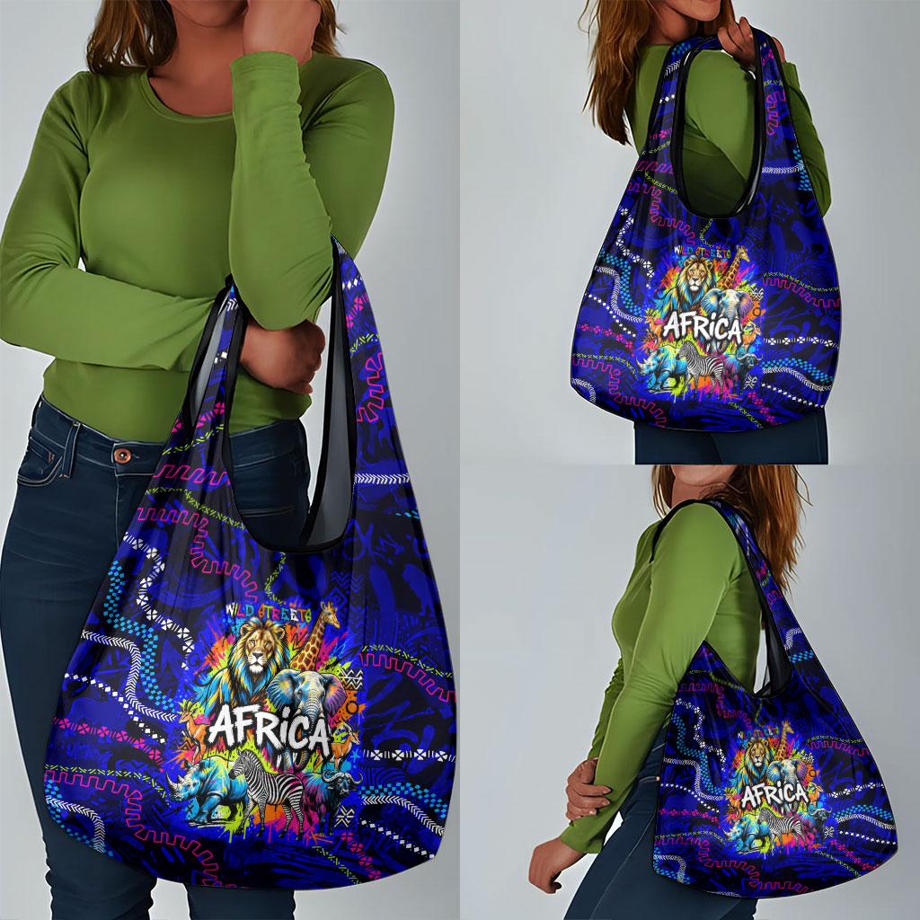 African Wildlife Born Wild Grocery Bag Colorful Graffiti Street Art - Tribal Safari Lion Elephant