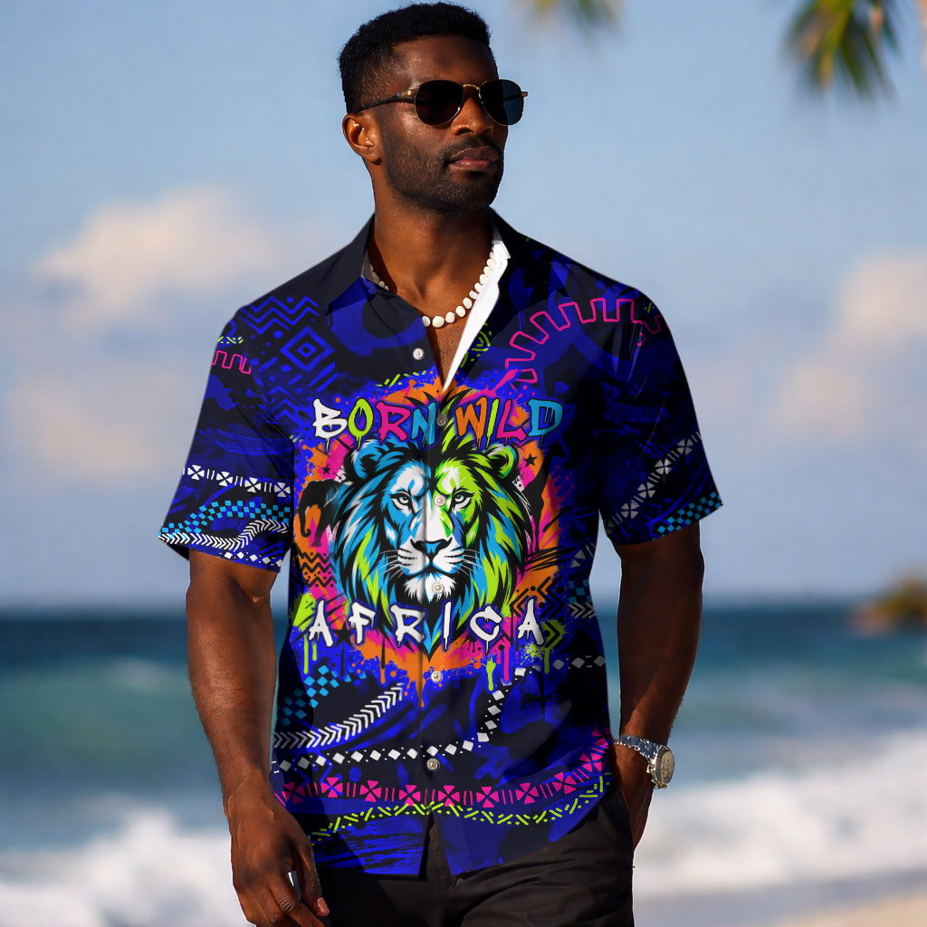 African Wildlife Born Wild Hawaiian Shirt Colorful Graffiti Street Art - Tribal Safari Lion Elephant