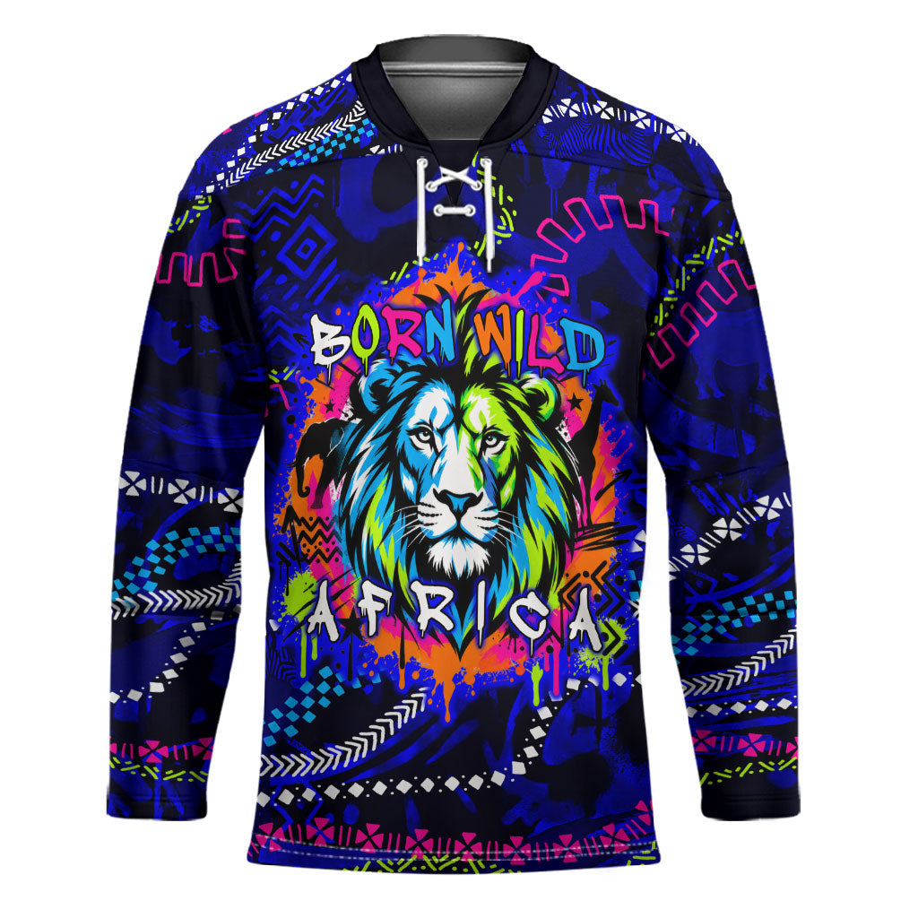 African Wildlife Born Wild Hockey Jersey Colorful Graffiti Street Art - Tribal Safari Lion Elephant