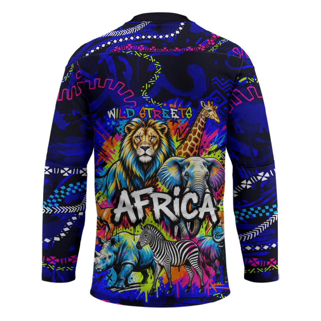 African Wildlife Born Wild Hockey Jersey Colorful Graffiti Street Art - Tribal Safari Lion Elephant