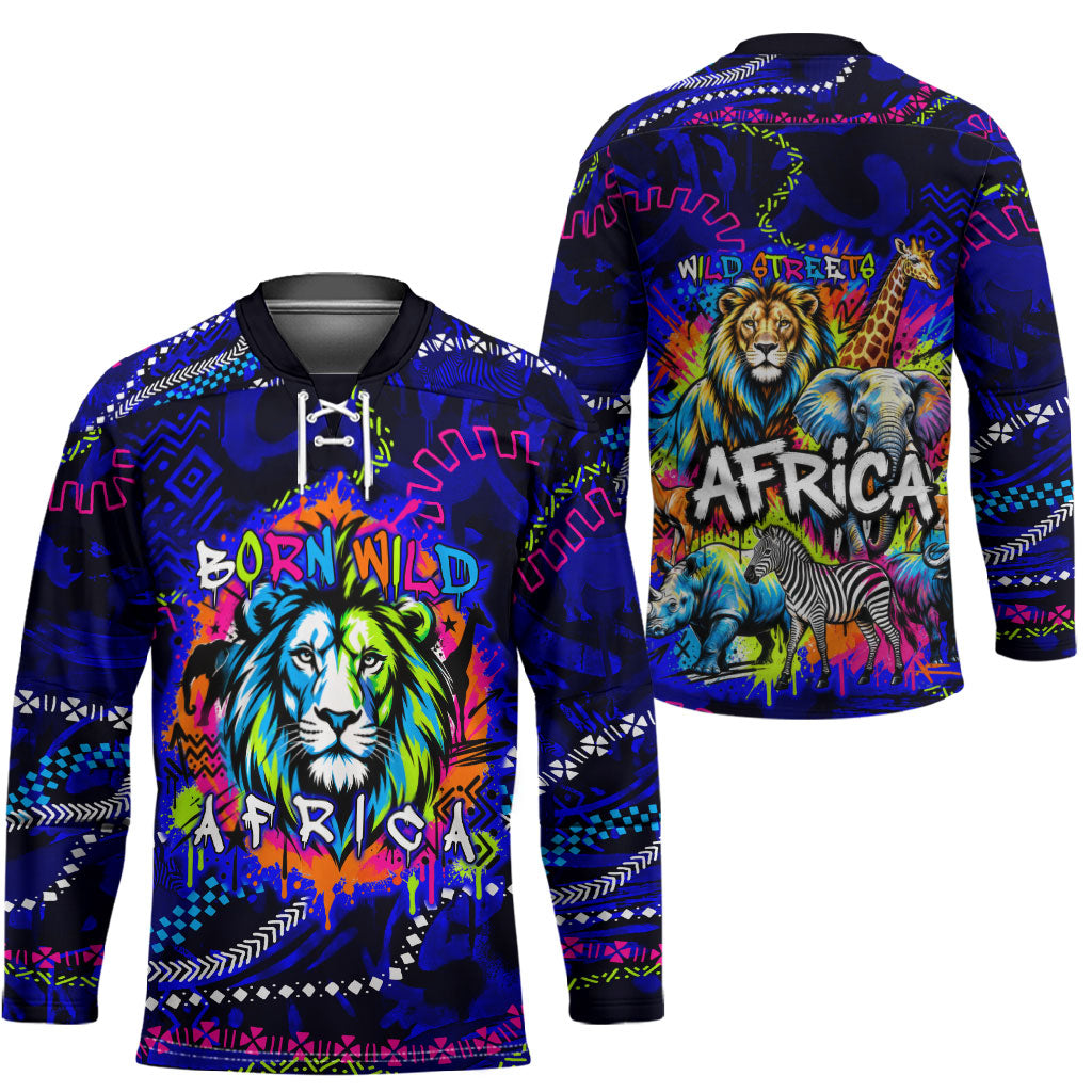 African Wildlife Born Wild Hockey Jersey Colorful Graffiti Street Art - Tribal Safari Lion Elephant