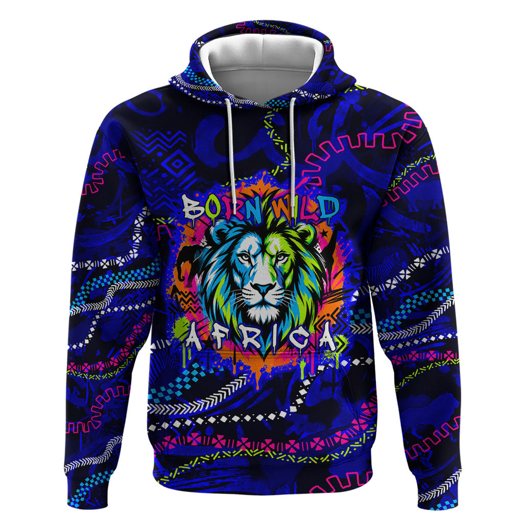 African Wildlife Born Wild Hoodie Colorful Graffiti Street Art - Tribal Safari Lion Elephant