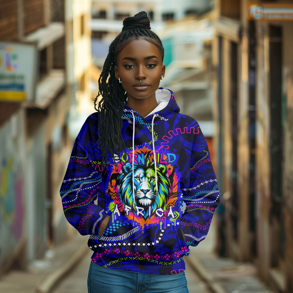 African Wildlife Born Wild Hoodie Colorful Graffiti Street Art - Tribal Safari Lion Elephant