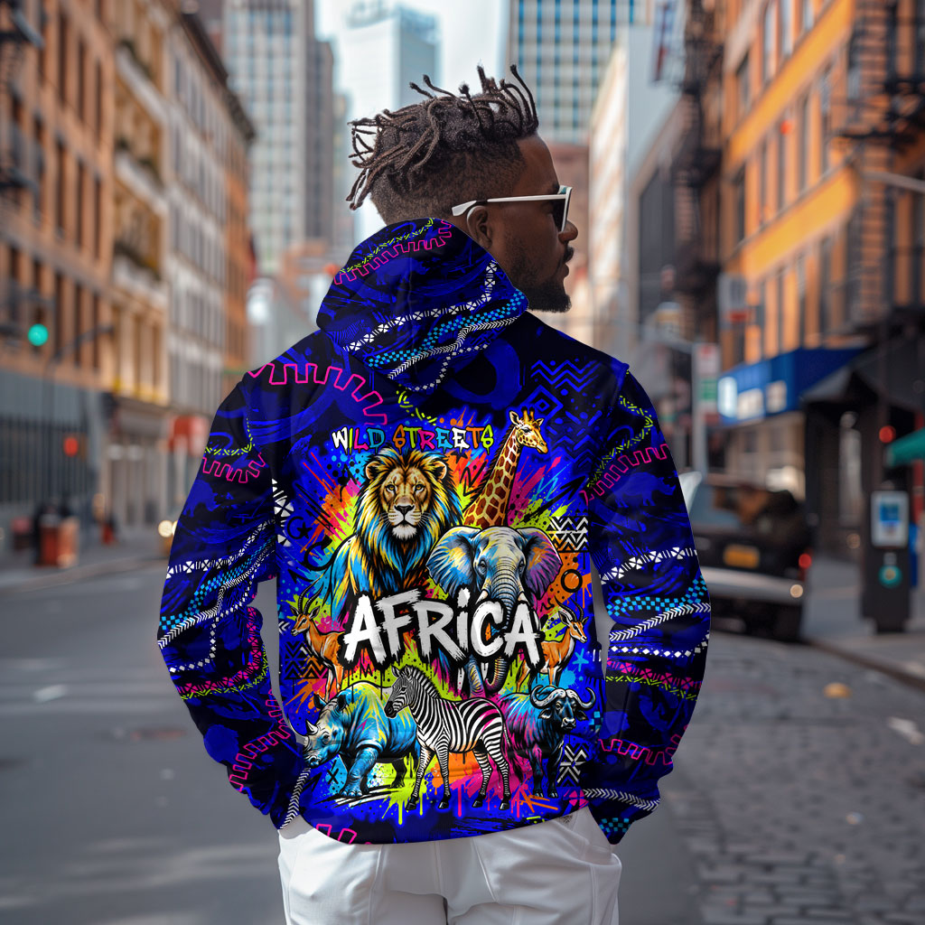 African Wildlife Born Wild Hoodie Colorful Graffiti Street Art - Tribal Safari Lion Elephant
