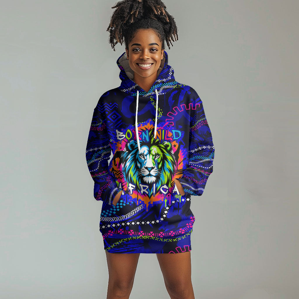 African Wildlife Born Wild Hoodie Dress Colorful Graffiti Street Art - Tribal Safari Lion Elephant