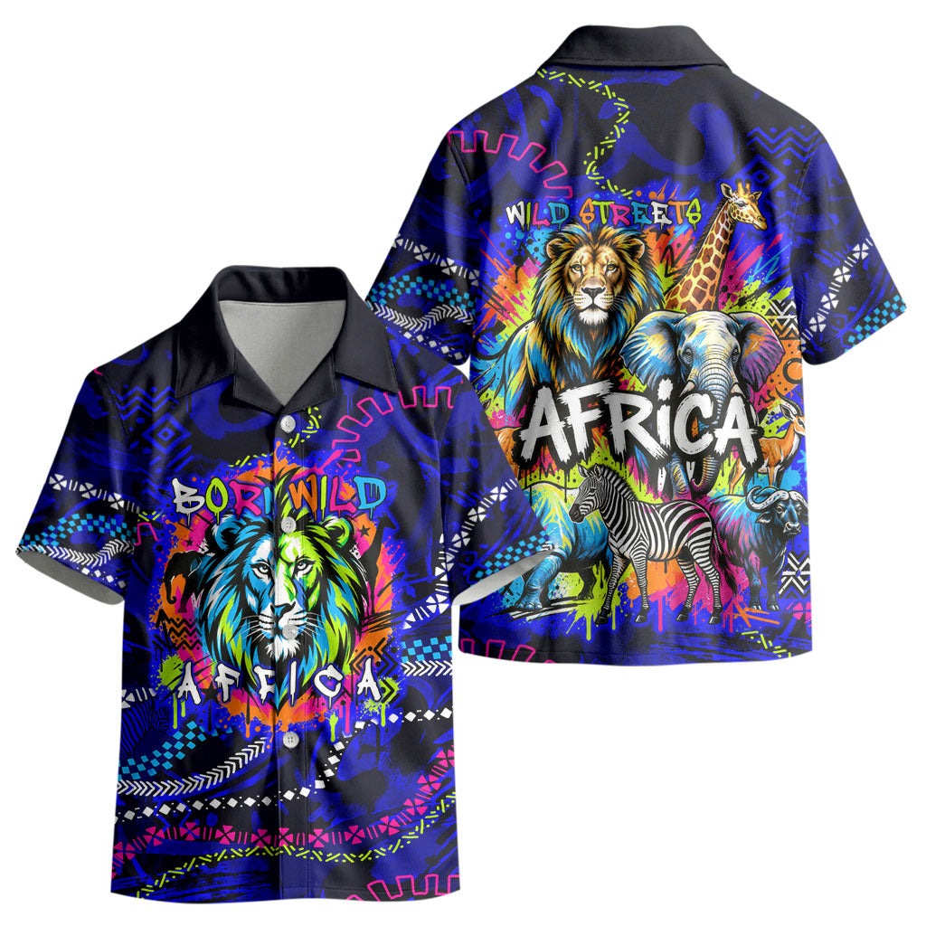 African Wildlife Born Wild Kid Hawaiian Shirt Colorful Graffiti Street Art - Tribal Safari Lion Elephant