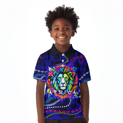 African Wildlife Born Wild Kid Polo Shirt Colorful Graffiti Street Art - Tribal Safari Lion Elephant