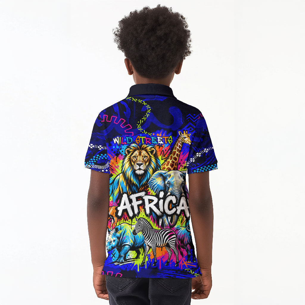 African Wildlife Born Wild Kid Polo Shirt Colorful Graffiti Street Art - Tribal Safari Lion Elephant