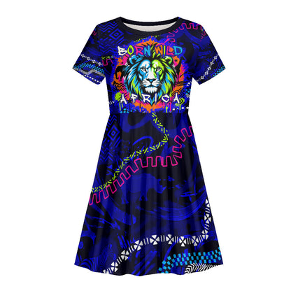 African Wildlife Born Wild Kid Short Sleeve Dress Colorful Graffiti Street Art - Tribal Safari Lion Elephant