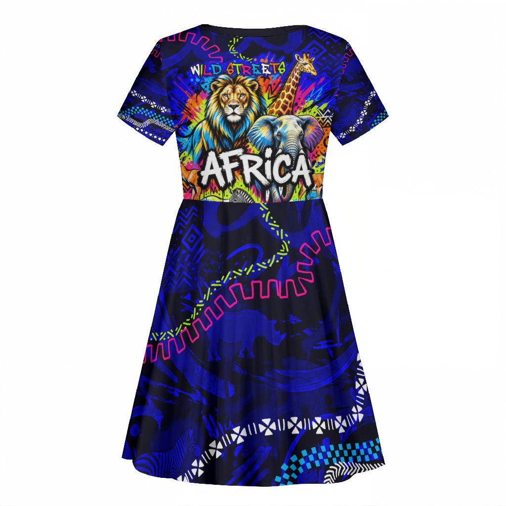 African Wildlife Born Wild Kid Short Sleeve Dress Colorful Graffiti Street Art - Tribal Safari Lion Elephant