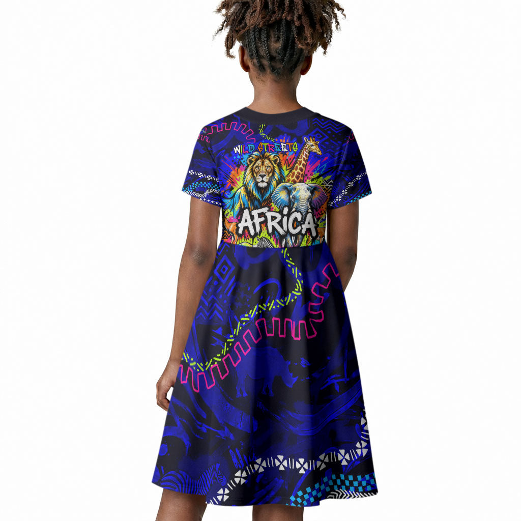 African Wildlife Born Wild Kid Short Sleeve Dress Colorful Graffiti Street Art - Tribal Safari Lion Elephant