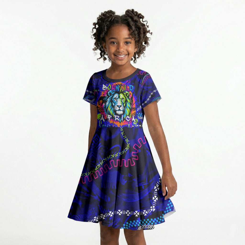 African Wildlife Born Wild Kid Short Sleeve Dress Colorful Graffiti Street Art - Tribal Safari Lion Elephant