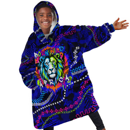 African Wildlife Born Wild Kid Wearable Blanket Hoodie Colorful Graffiti Street Art - Tribal Safari Lion Elephant