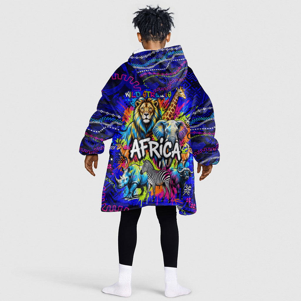 African Wildlife Born Wild Kid Wearable Blanket Hoodie Colorful Graffiti Street Art - Tribal Safari Lion Elephant