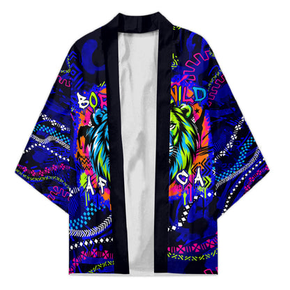 African Wildlife Born Wild Kimono Colorful Graffiti Street Art - Tribal Safari Lion Elephant