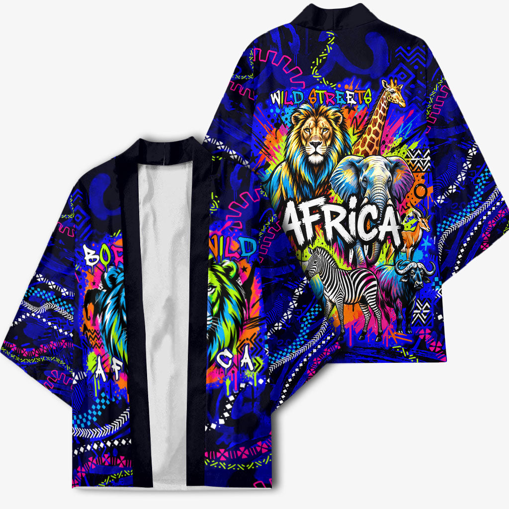 African Wildlife Born Wild Kimono Colorful Graffiti Street Art - Tribal Safari Lion Elephant