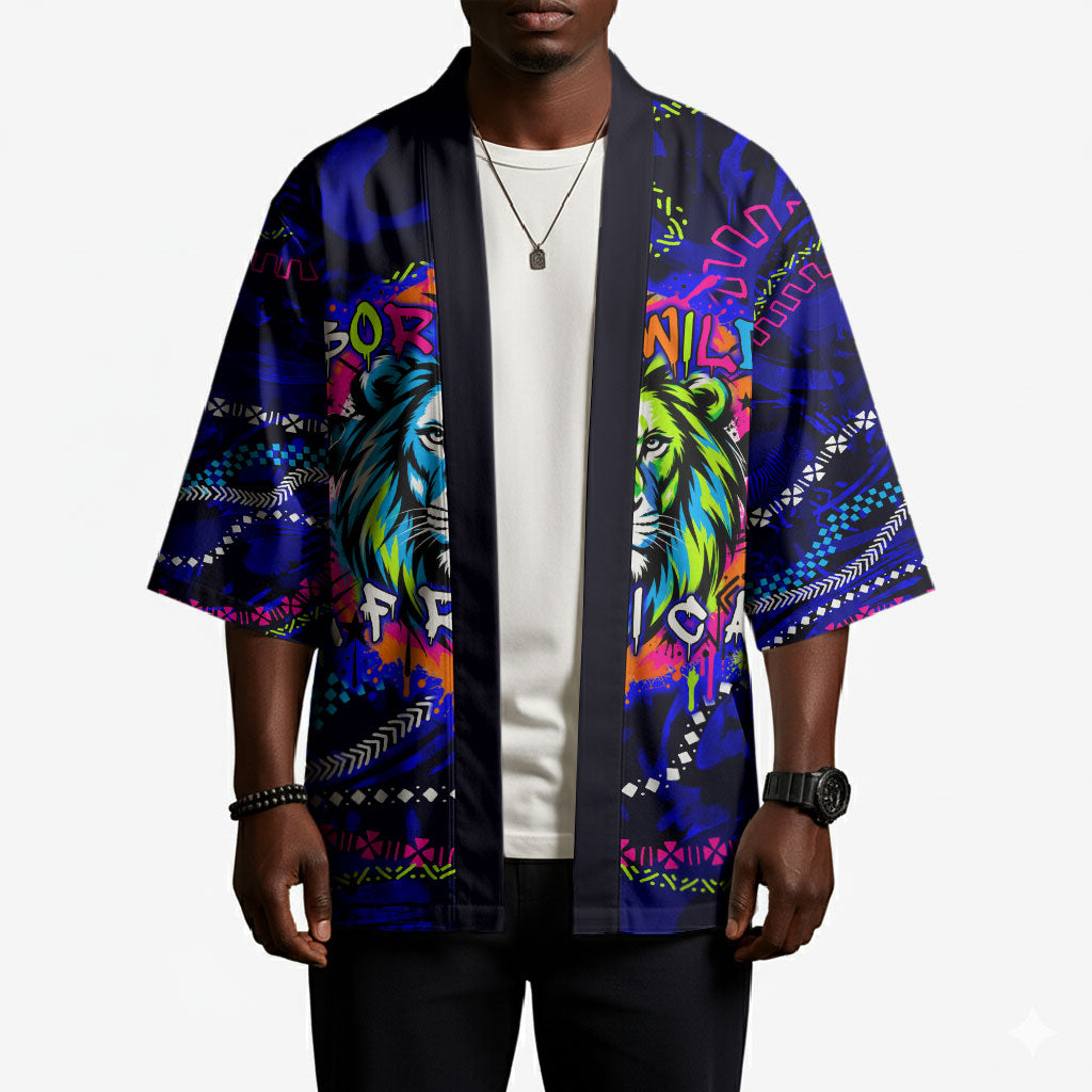 African Wildlife Born Wild Kimono Colorful Graffiti Street Art - Tribal Safari Lion Elephant