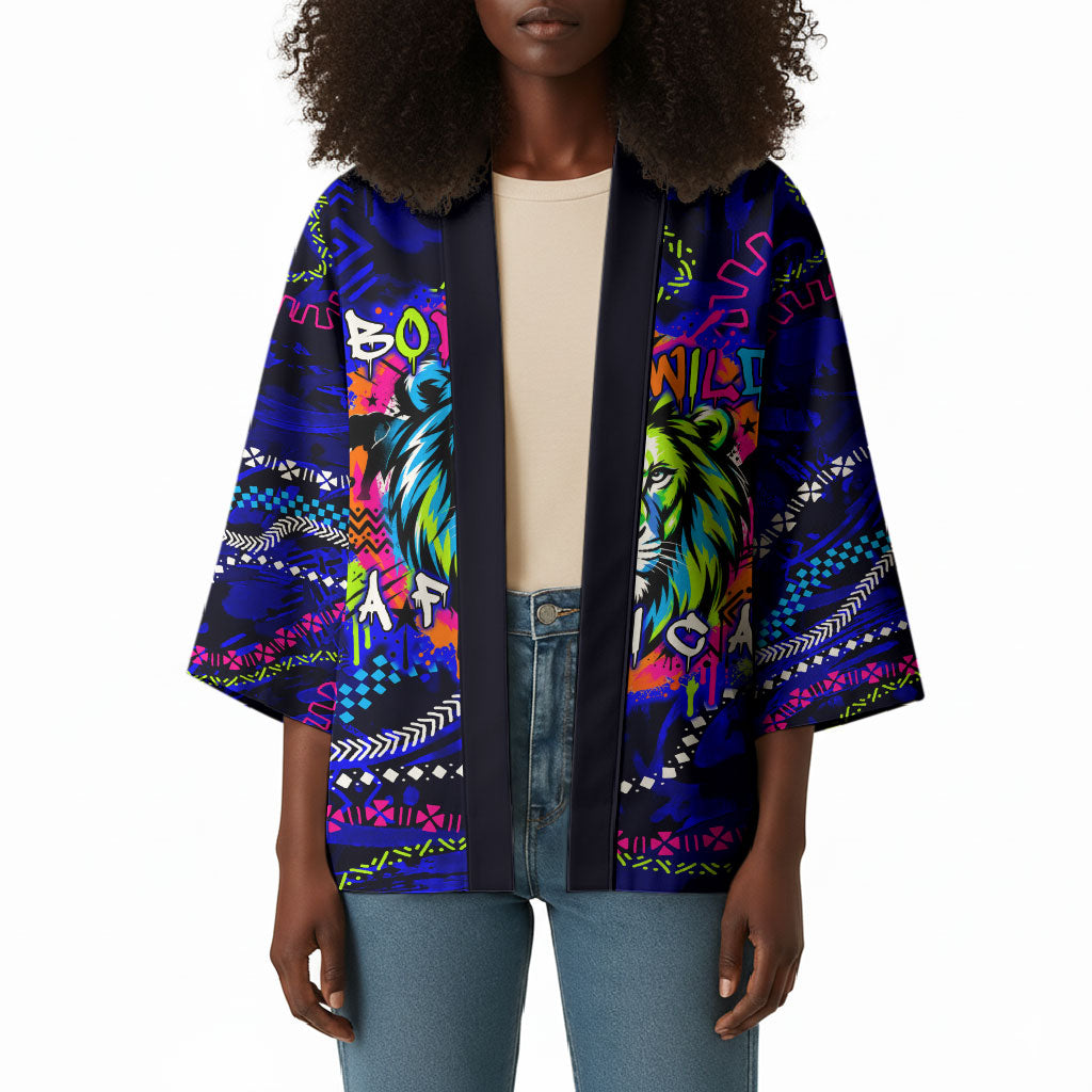 African Wildlife Born Wild Kimono Colorful Graffiti Street Art - Tribal Safari Lion Elephant