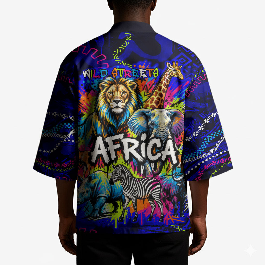 African Wildlife Born Wild Kimono Colorful Graffiti Street Art - Tribal Safari Lion Elephant
