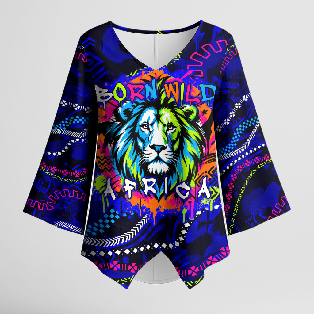 African Wildlife Born Wild Kimono Sleeve Blouse Colorful Graffiti Street Art - Tribal Safari Lion Elephant