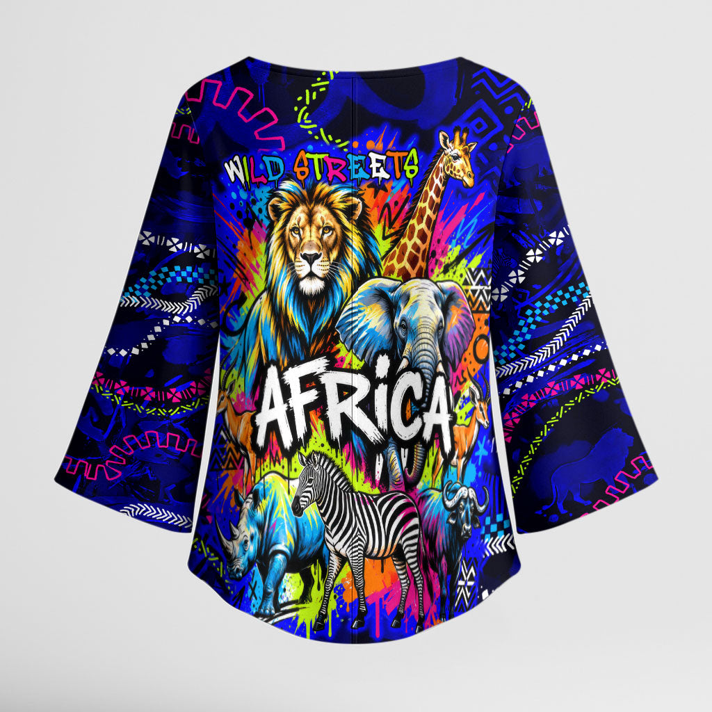 African Wildlife Born Wild Kimono Sleeve Blouse Colorful Graffiti Street Art - Tribal Safari Lion Elephant