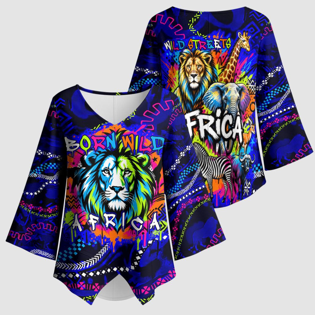 African Wildlife Born Wild Kimono Sleeve Blouse Colorful Graffiti Street Art - Tribal Safari Lion Elephant