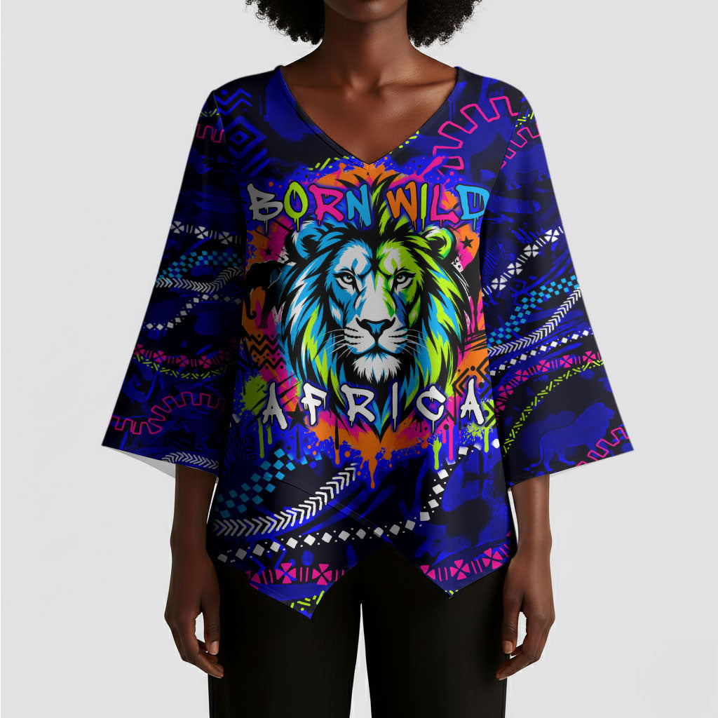 African Wildlife Born Wild Kimono Sleeve Blouse Colorful Graffiti Street Art - Tribal Safari Lion Elephant