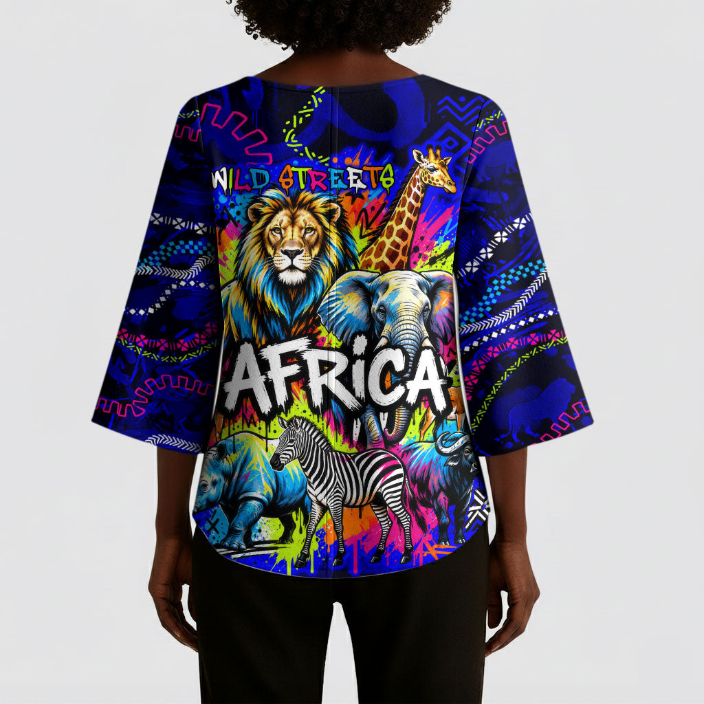 African Wildlife Born Wild Kimono Sleeve Blouse Colorful Graffiti Street Art - Tribal Safari Lion Elephant