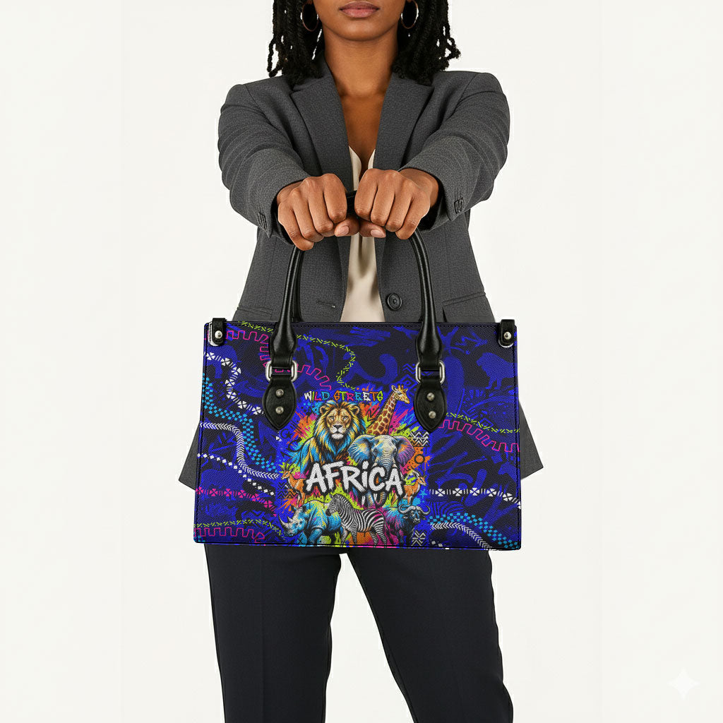 African Wildlife Born Wild Leather Bag Colorful Graffiti Street Art - Tribal Safari Lion Elephant
