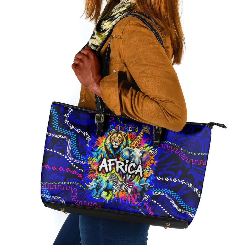 African Wildlife Born Wild Leather Tote Bag Colorful Graffiti Street Art - Tribal Safari Lion Elephant