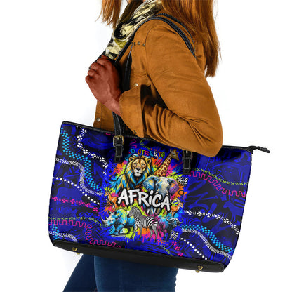 African Wildlife Born Wild Leather Tote Bag Colorful Graffiti Street Art - Tribal Safari Lion Elephant