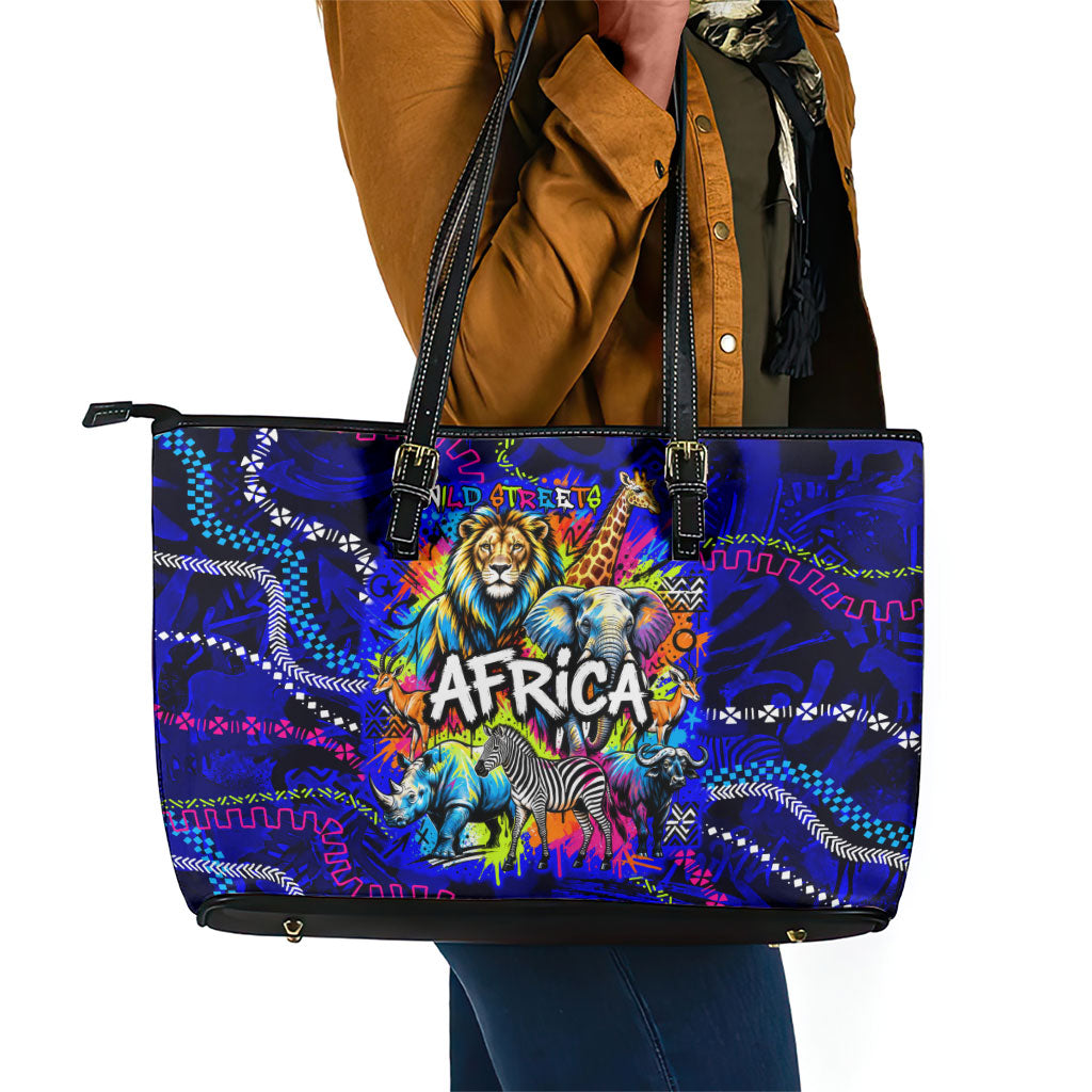 African Wildlife Born Wild Leather Tote Bag Colorful Graffiti Street Art - Tribal Safari Lion Elephant