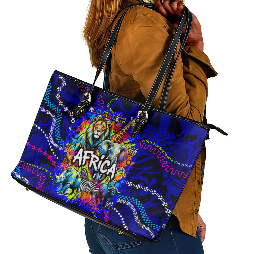 African Wildlife Born Wild Leather Tote Bag Colorful Graffiti Street Art - Tribal Safari Lion Elephant