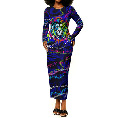 African Wildlife Born Wild Long Sleeve Bodycon Dress Colorful Graffiti Street Art - Tribal Safari Lion Elephant