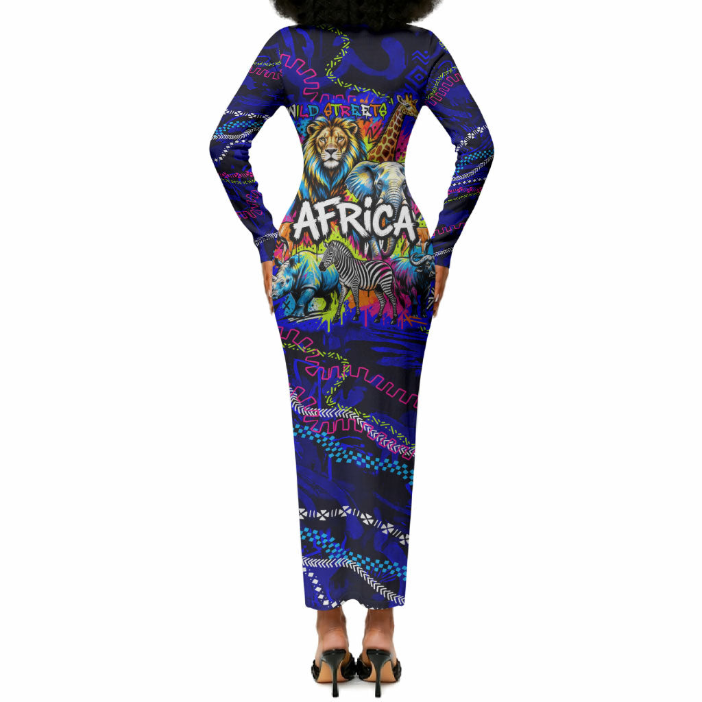 African Wildlife Born Wild Long Sleeve Bodycon Dress Colorful Graffiti Street Art - Tribal Safari Lion Elephant
